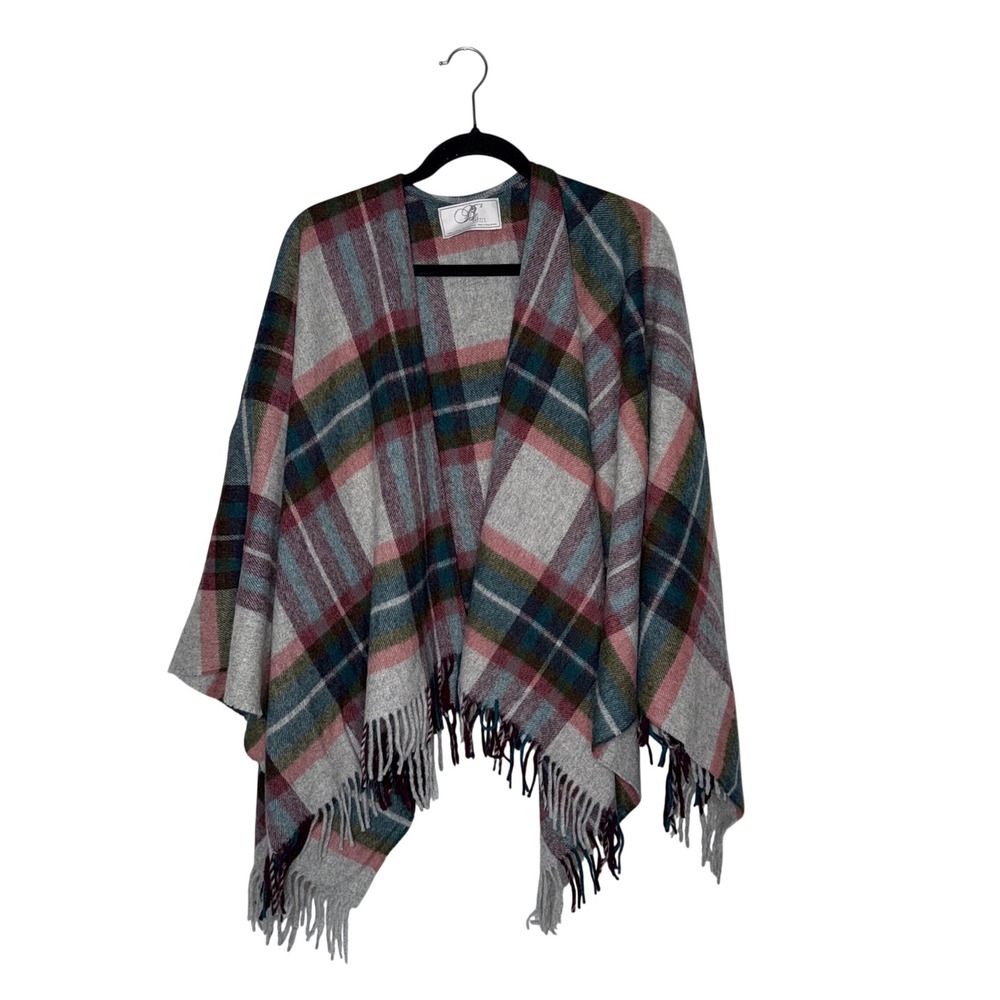 Bronte by Moon Plaid Cape Women One Size Grey Pink Good Merino Wool Fringe Wrap